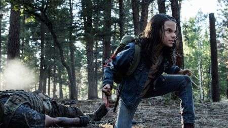 His Dark Materials star Dafne Keen as Laura in the movie Logan alongside Hugh Jackman's Wolverine