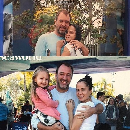 Upper photo is from 2009, Trey embracing Boogie with one arm. The lower photo is similar from 2017, except Trey is holding 3/4-year-old Betty in his right hand.
