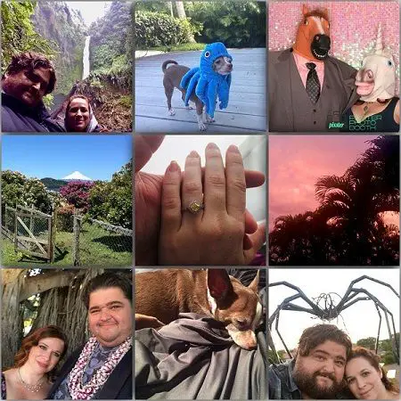 Nine photos of Jorge and wife Rebecca along with scenes and the center one being two hands (Rebecca's over Jorge's).