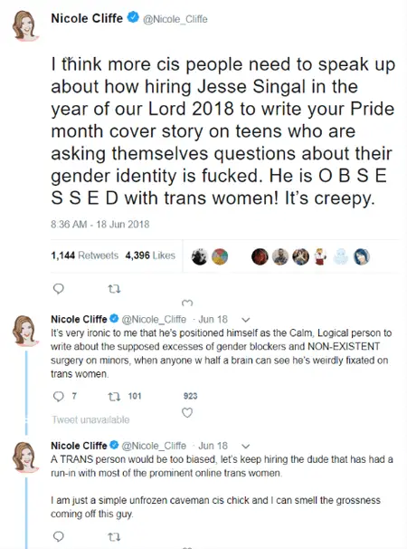 Jesse Singal was another person who was accused of unwanted sexual advances by Nicole Cliffe; again, without any evidence.
