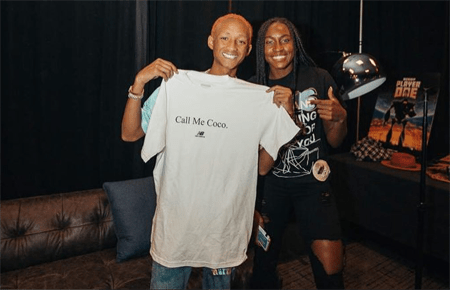 Jaden Smith holding up the "Call Me Coco" T-Shirt with Coco Gauff
