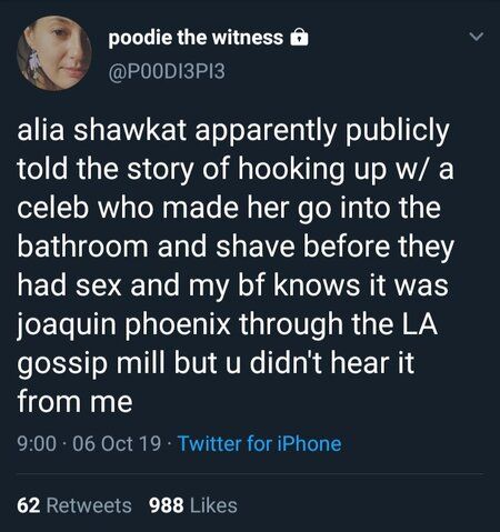 Alia Shawkat had a weird sexual encounter with a celebrity; rumored to be Joaquin Phoenix in 2009.