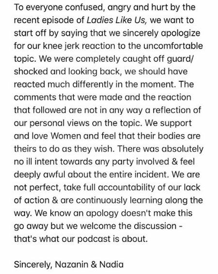 Nazanin Mandi and Nadia apologized for theri reaction to the TI revelation on their podcast.