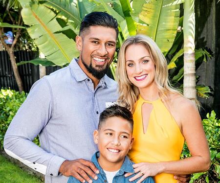 Te Kohe Tuhaka with his son Phoenix and his wife Larissa Dyke.