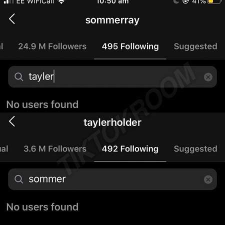 Sommer Ray and Tayler Holder not following each other on Instagram.