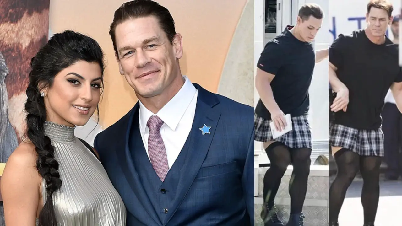 John Cena with his current wife Shay Shariatzadeh (left); Appearance for his upcoming movie (right).