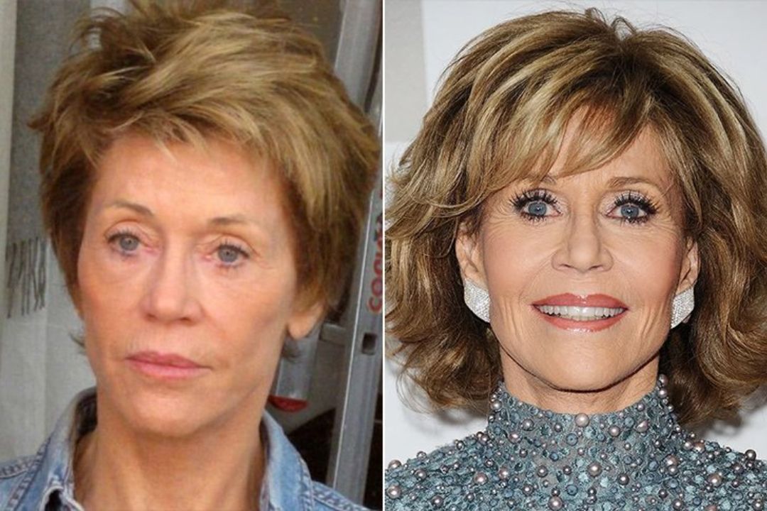 Jane Fonda's with and without makeup picture. celebsindepth.com
