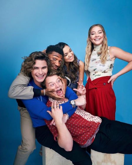 The cast of Outer Banks before best friends on the set of Netflix series Outer Banks.