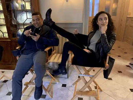 Aurora Perrineau and Frank Harts on the sets of Prodigal Son.