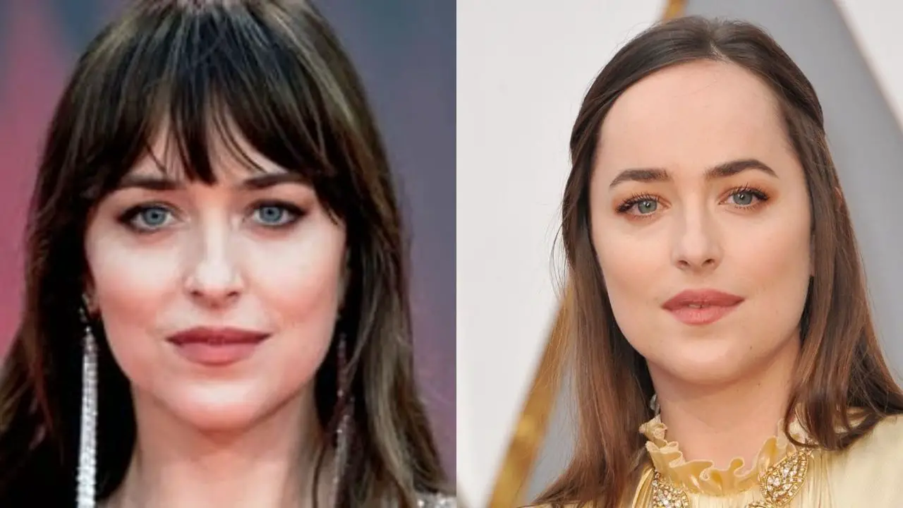 Dakota Johnson apparently wears bangs because of her big (large) forehead.