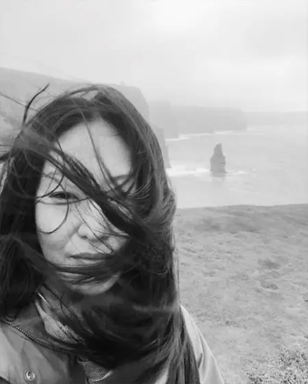 Elizabeth Anweis with her hair flowing in the breeze.