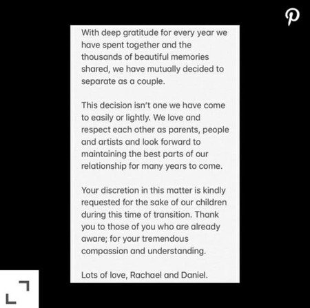 Daniel Gillies announces separation from wife Rachael Leigh Cook in a joint statement on Instagram.