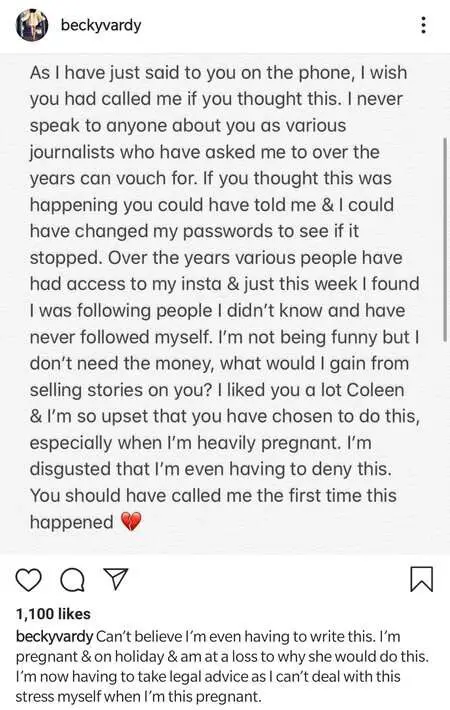 Rebekah Vardy denied her involvement in leaking stories to The Sun.