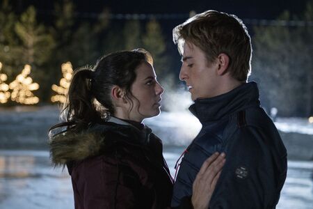 Kaya Scodelario and Evan Roderick as Kat Baker and Justin Davis in the Netflix ice skating series Spinning Out.