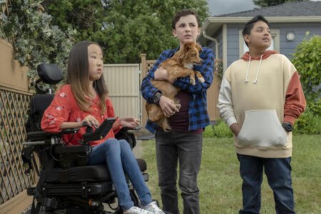 Jace Chapman, Sophie Jaewon Kim, and Mauricia Lara as Noah Ferris, Amara, and Simon, respectively, in The Healing Powers of Dude.