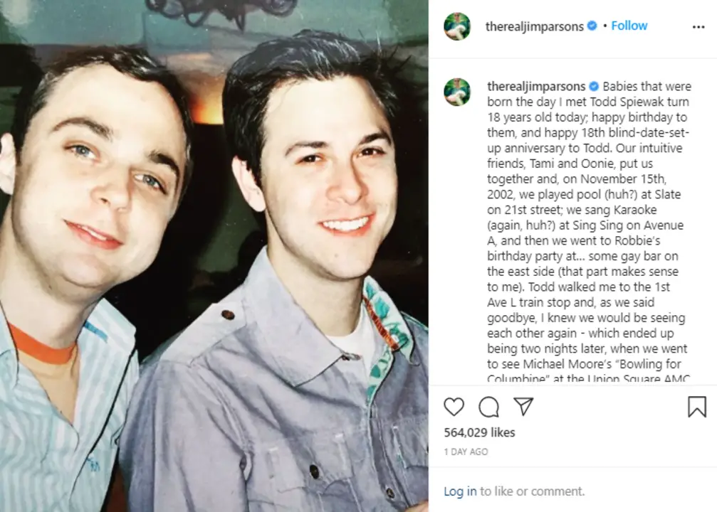 Jim Parsons pays tribute to partner Todd Spiewak on Instagram.