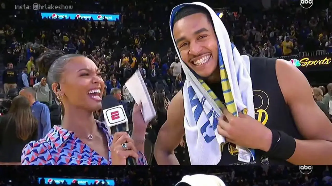 Picture of Jordan Poole with Malika Andrews.