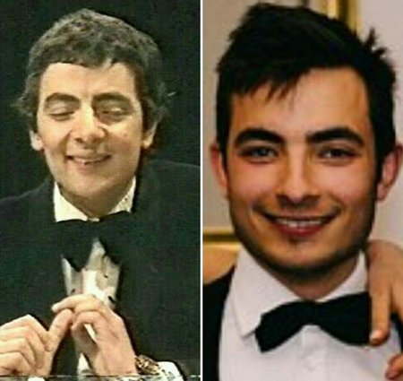 side by side image of Rowan Atkinson and his son Benjamin Atkinson