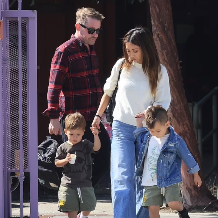 Macaulay Culkin with his wife, Brenda Song, and their two kids.