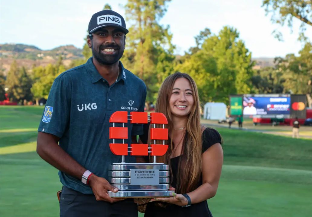 Sahith Theegala with his soon-to-be wife, Juju Chan.
