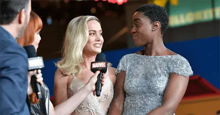 Brie Larson and Lashana Lynch at the Captain Marvel premiere.