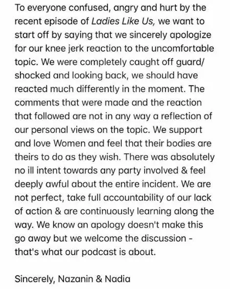 Nazanin Mandi and Nadia apologized for theri reaction to the TI revelation on their podcast.