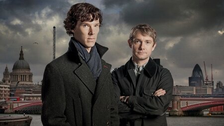 Benedict Cumberbatch and Martin Freeman as Sherlock Holmes and Dr. John Watson, respectively.