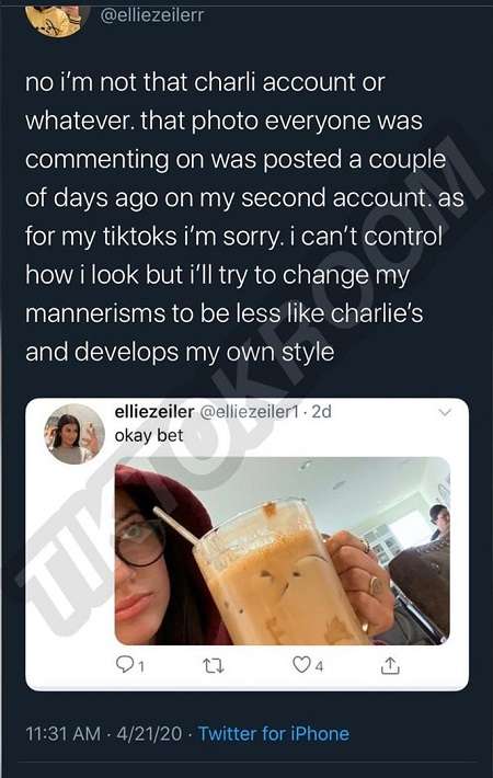 A fake account claiming to be Ellie Zeiler's second account and that the fake TikTok account is not theirs.